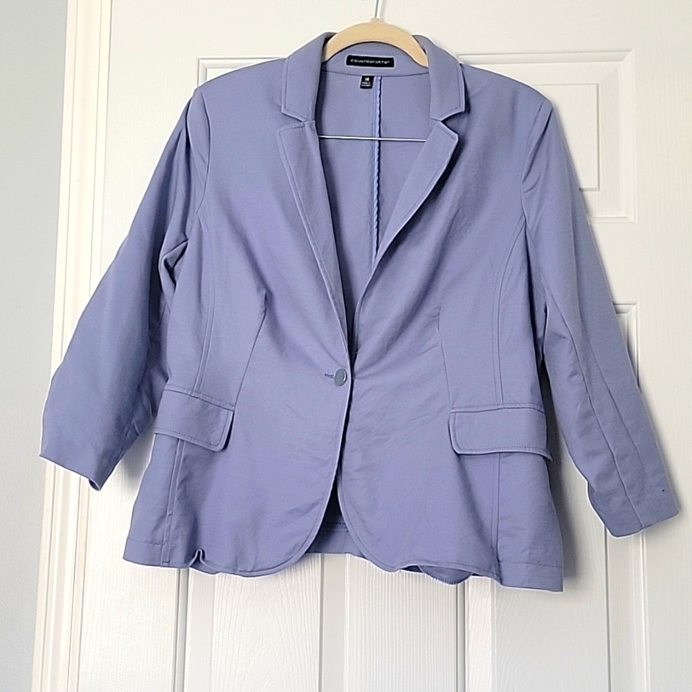 Periwinkle 3/4 ruched sleeve jacket. (ankle length pants also available)